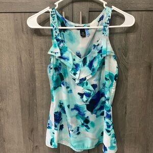 White House Black Market Teal Blue Smeared Ruffle Tank Top Women's Size XXS